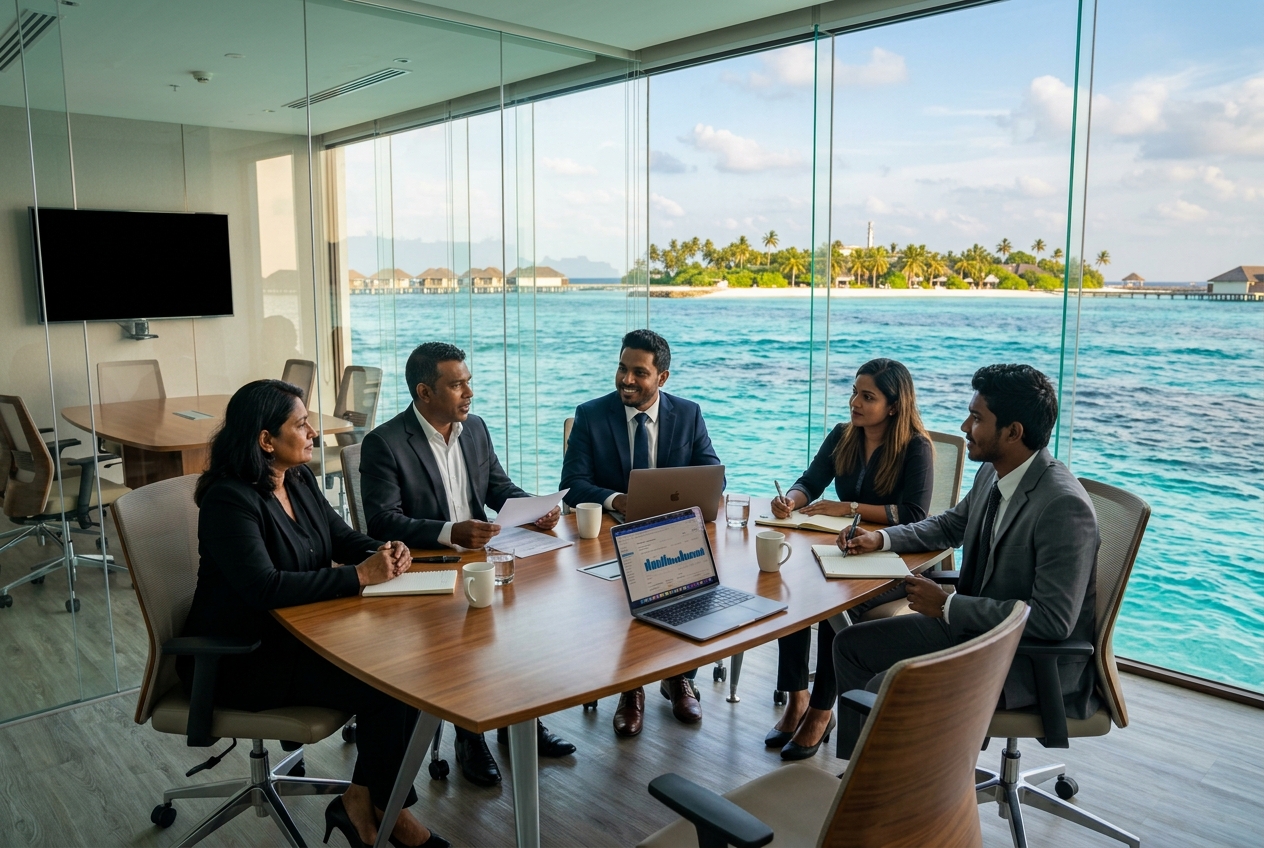 Fasmala team meeting with Maldives ocean view