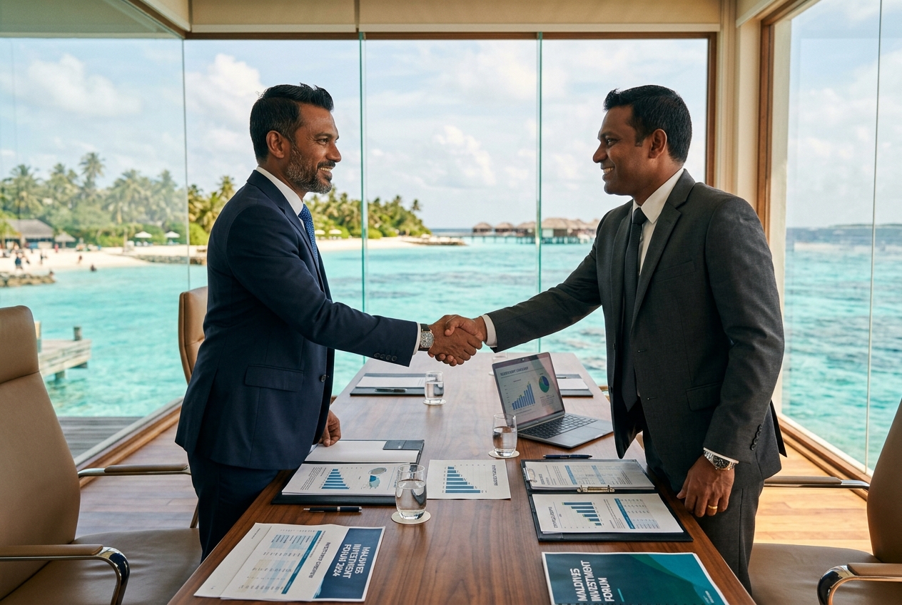 Fasmala investment partnership handshake with Maldives ocean backdrop